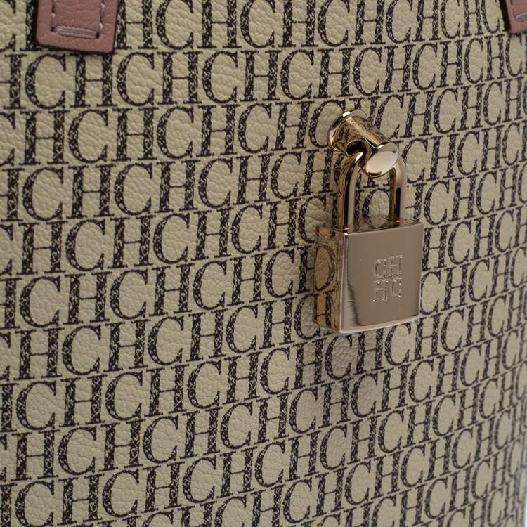 Pre Owned Carolina Herrera Beige/Pink  Monogram Coated Canvas and Leather Matryoshka Padlock Tote
