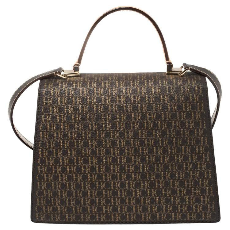 Pre Owned Carolina Herrera Brown Monogram Leather Flap Top Handle Bag