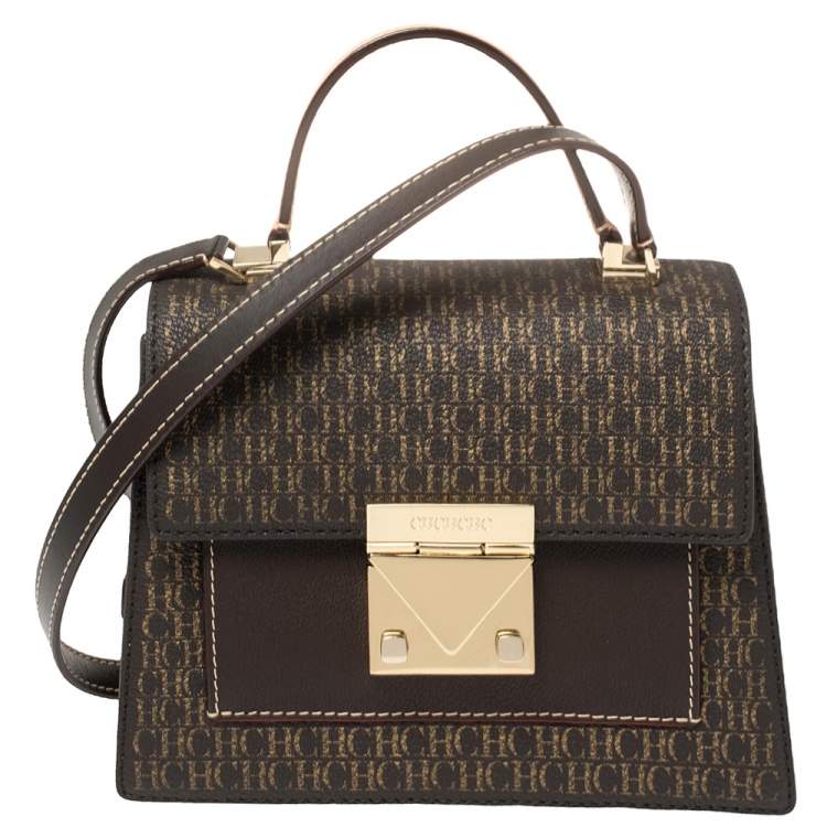Pre Owned Carolina Herrera Brown Monogram Leather Flap Top Handle Bag