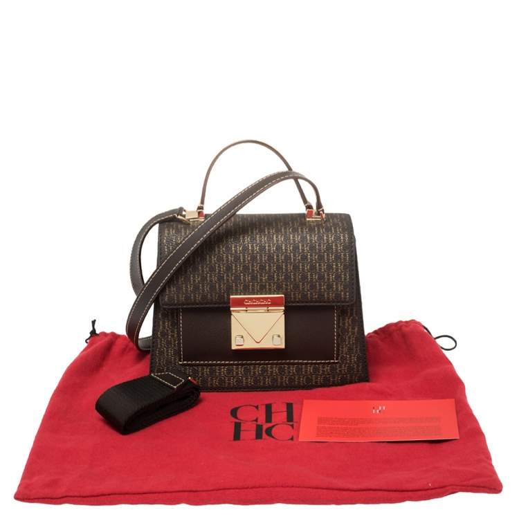 Pre Owned Carolina Herrera Brown Monogram Leather Flap Top Handle Bag