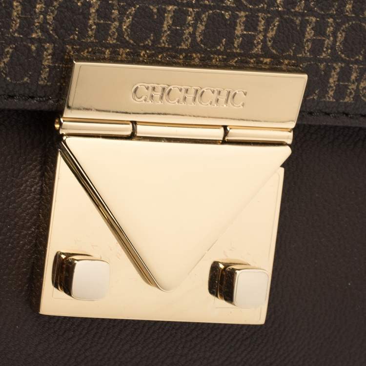 Pre Owned Carolina Herrera Brown Monogram Leather Flap Top Handle Bag