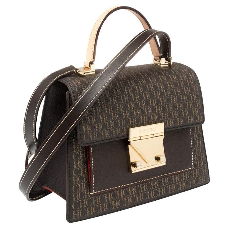 Pre Owned Carolina Herrera Brown Monogram Leather Flap Top Handle Bag