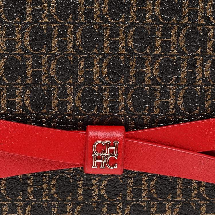 Pre Owned CH Carolina Herrera Brown-Red Leather Monogram Continental Wallet