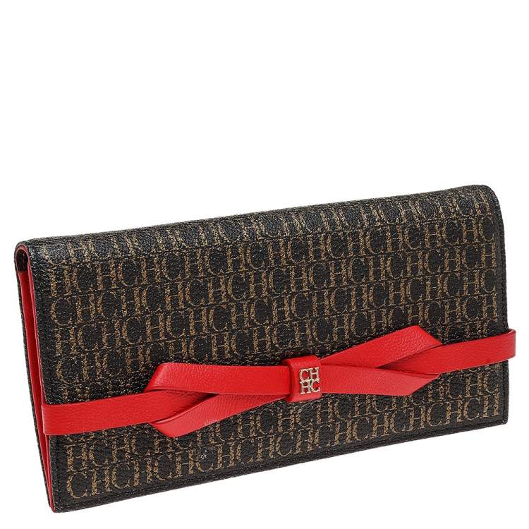 Pre Owned CH Carolina Herrera Brown-Red Leather Monogram Continental Wallet