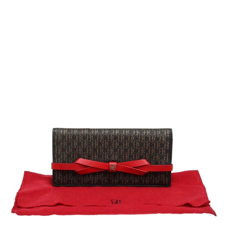 Pre Owned CH Carolina Herrera Brown-Red Leather Monogram Continental Wallet