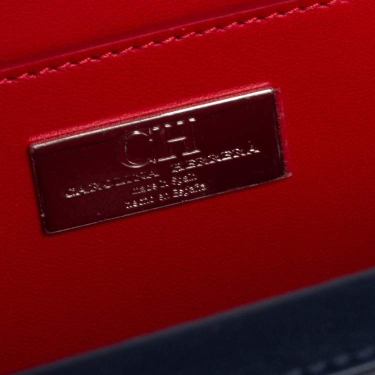 Pre Owned Carolina Herrera Navy Blue/Red Embossed Leather Insignia Flap Top Handle Bag