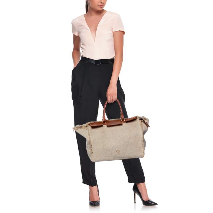 Pre Owned CH Carolina Herrera Brown/Beige Canvas and Leather Vendome Tote