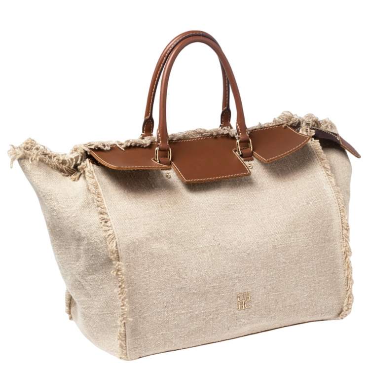 Pre Owned CH Carolina Herrera Brown/Beige Canvas and Leather Vendome Tote