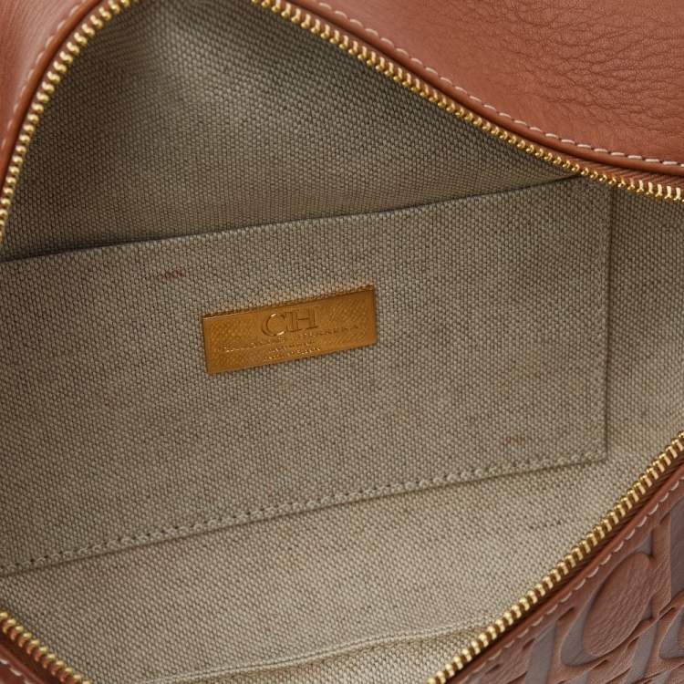 Pre Owned Carolina Herrera Brown Monogram Embossed Leather Crossbody Bag