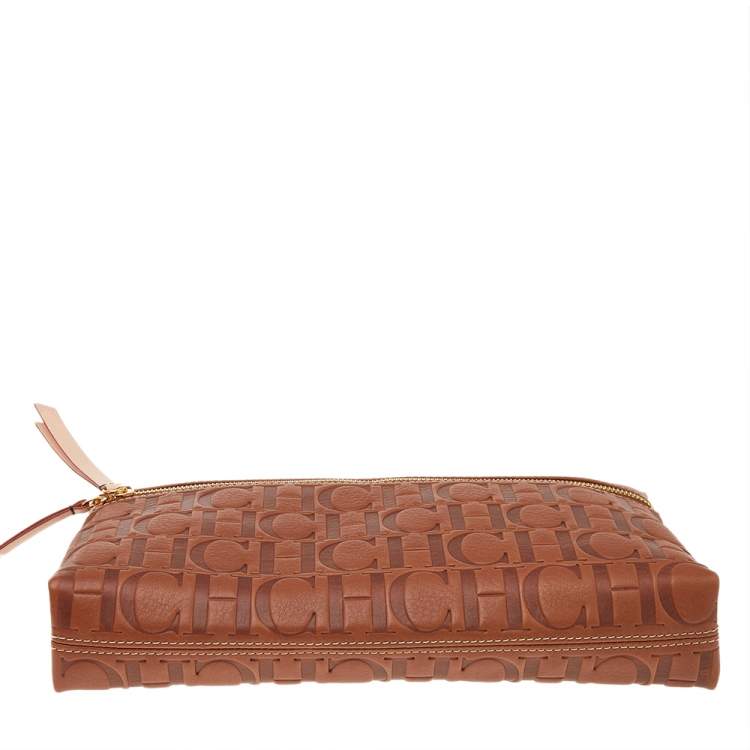 Pre Owned Carolina Herrera Brown Monogram Embossed Leather Crossbody Bag