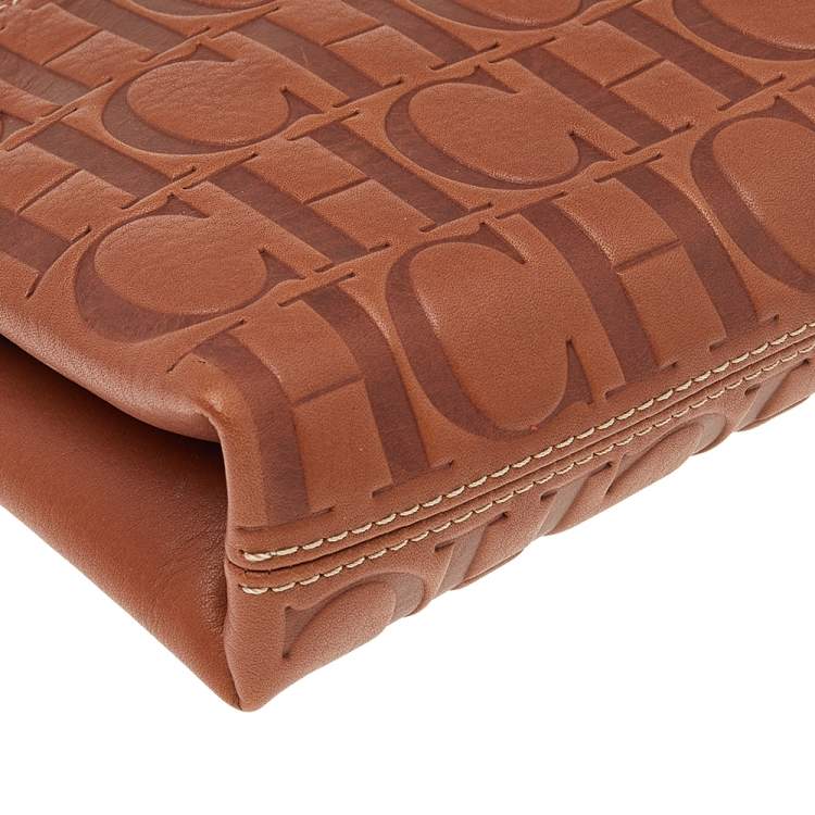 Pre Owned Carolina Herrera Brown Monogram Embossed Leather Crossbody Bag