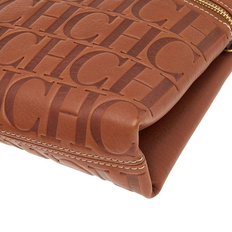 Pre Owned Carolina Herrera Brown Monogram Embossed Leather Crossbody Bag