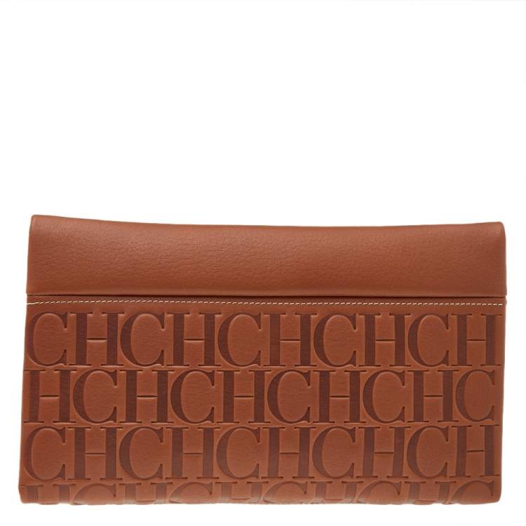 Pre Owned Carolina Herrera Brown Monogram Embossed Leather Crossbody Bag