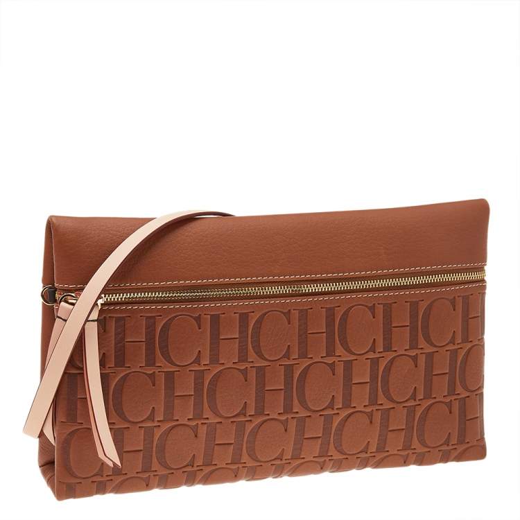 Pre Owned Carolina Herrera Brown Monogram Embossed Leather Crossbody Bag
