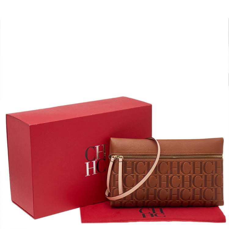 Pre Owned Carolina Herrera Brown Monogram Embossed Leather Crossbody Bag
