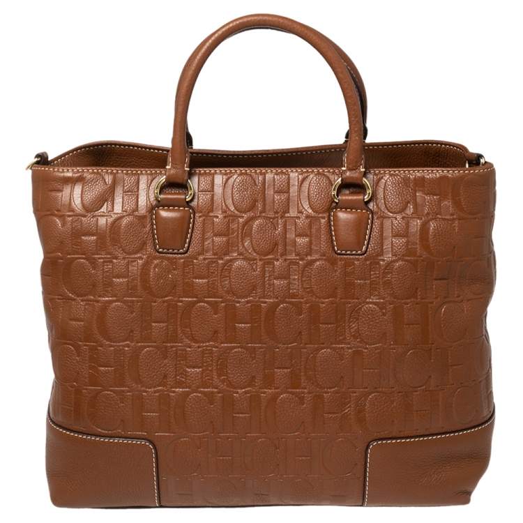 مملوكة مسبقًا CH Carolina Herrera Brown Monogram Embossed Leather Charm Tote