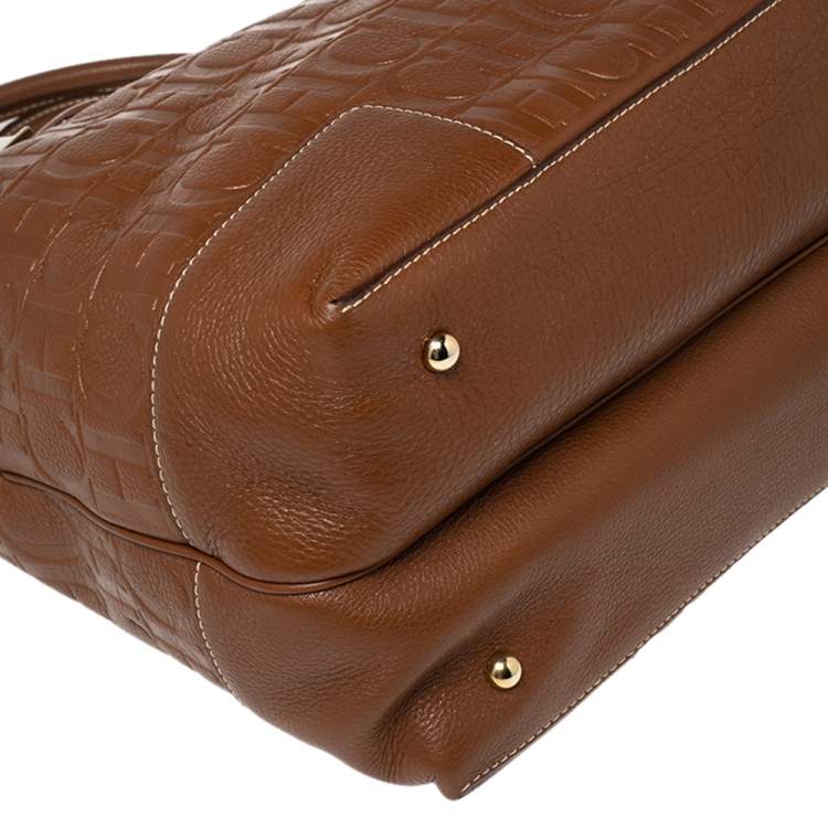 مملوكة مسبقًا CH Carolina Herrera Brown Monogram Embossed Leather Charm Tote