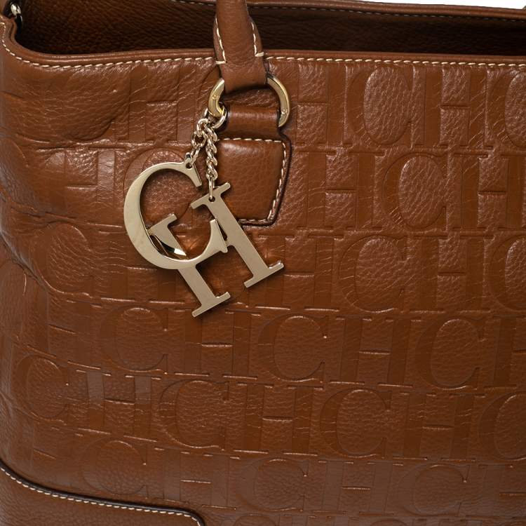 مملوكة مسبقًا CH Carolina Herrera Brown Monogram Embossed Leather Charm Tote