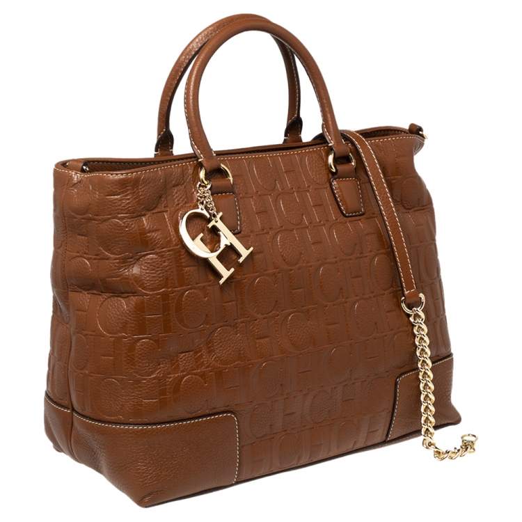 مملوكة مسبقًا CH Carolina Herrera Brown Monogram Embossed Leather Charm Tote