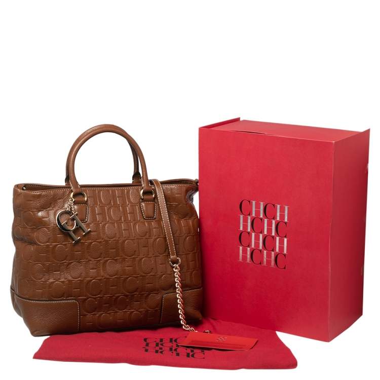مملوكة مسبقًا CH Carolina Herrera Brown Monogram Embossed Leather Charm Tote