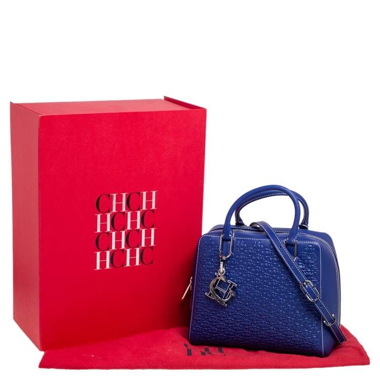 Pre Owned CH Carolina Herrera Blue Embossed Leather Baron Satchel