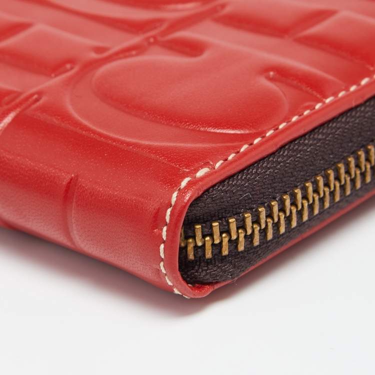 Pre Owned CH Carolina Herrera Red Monogram Leather Zip Around Wallet