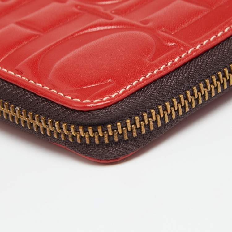 Pre Owned CH Carolina Herrera Red Monogram Leather Zip Around Wallet