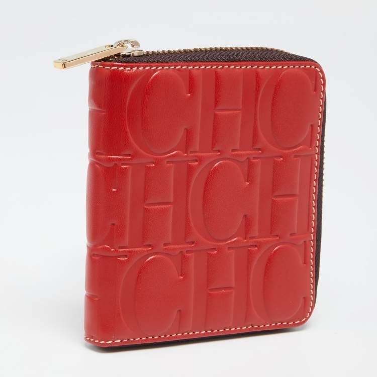 Pre Owned CH Carolina Herrera Red Monogram Leather Zip Around Wallet