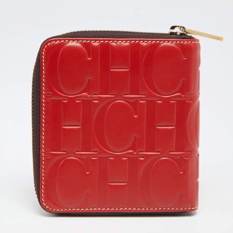 Pre Owned CH Carolina Herrera Red Monogram Leather Zip Around Wallet