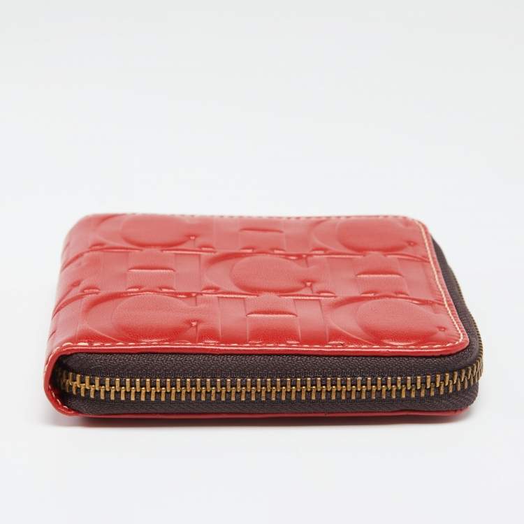 Pre Owned CH Carolina Herrera Red Monogram Leather Zip Around Wallet
