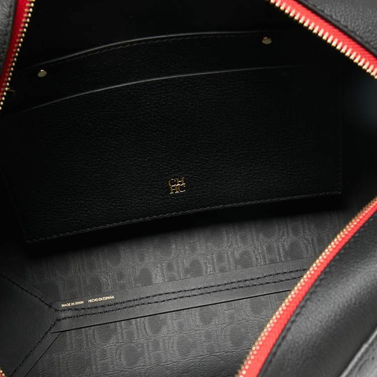 Pre Owned CH Carolina Herrera Black Monogram Embossed Leather Satchel 