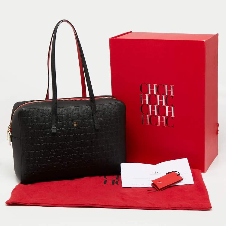 Pre Owned CH Carolina Herrera Black Monogram Embossed Leather Satchel 