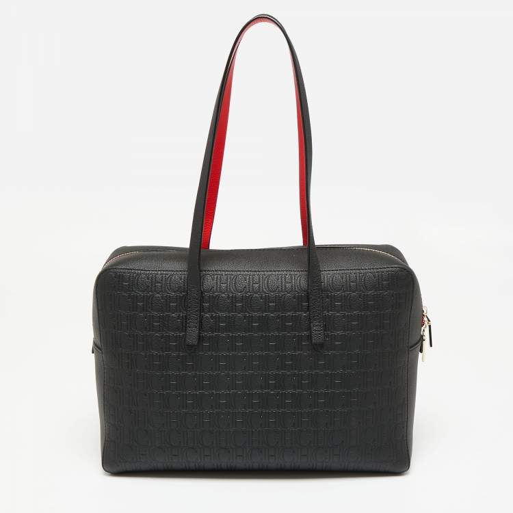 Pre Owned CH Carolina Herrera Black Monogram Embossed Leather Satchel 