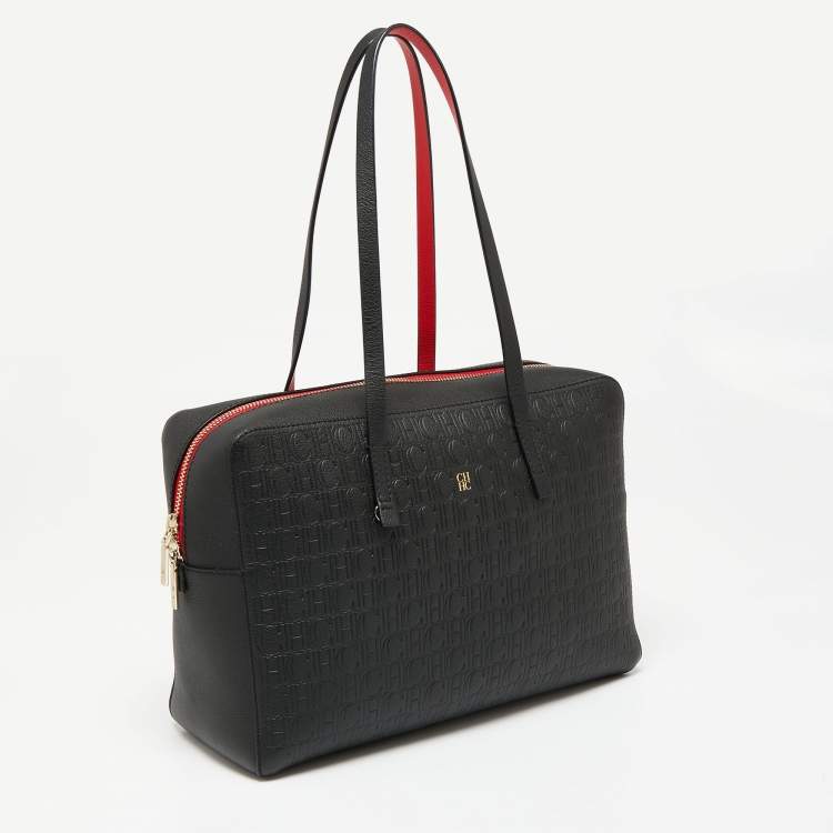 Pre Owned CH Carolina Herrera Black Monogram Embossed Leather Satchel 