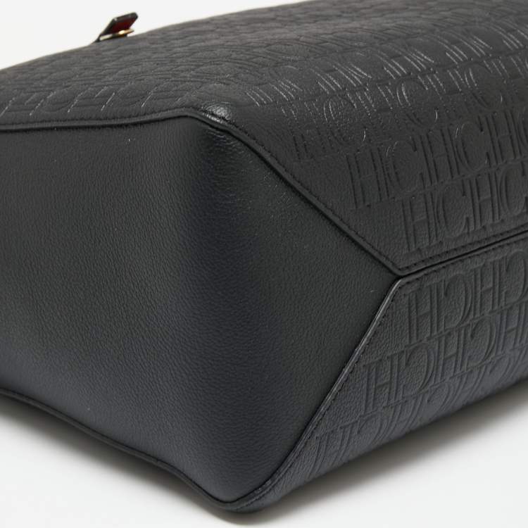 Pre Owned CH Carolina Herrera Black Monogram Embossed Leather Satchel 