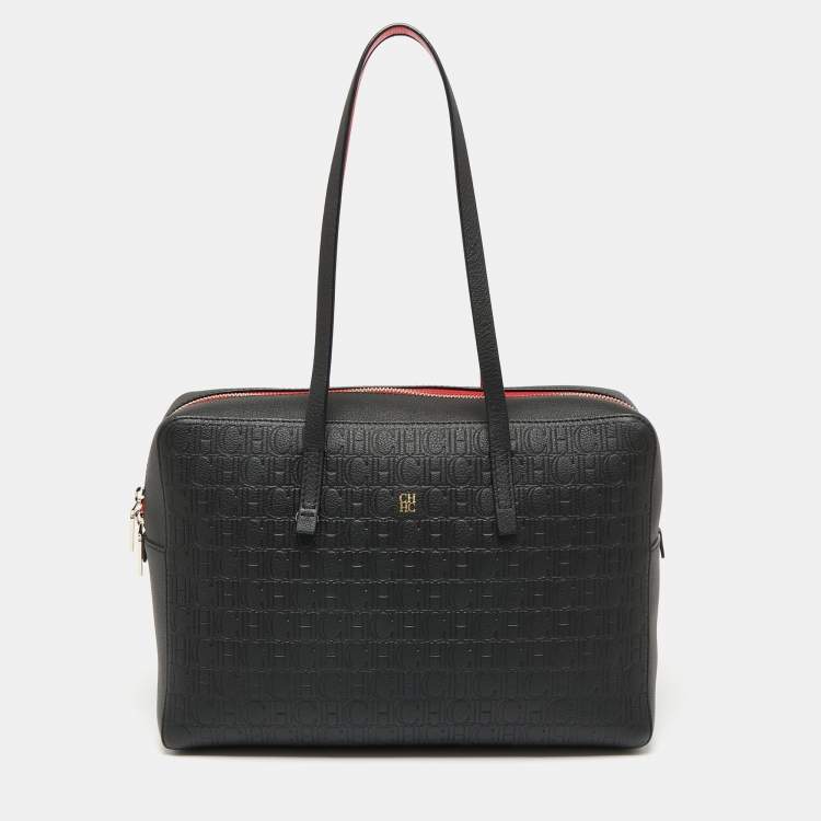 Pre Owned CH Carolina Herrera Black Monogram Embossed Leather Satchel 