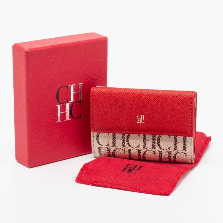 Pre Owned CH Carolina Herrera Red/Off White Monogram Coated Canvas and Leather Flap Compact Wallet