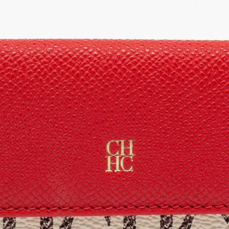 Pre Owned CH Carolina Herrera Red/Off White Monogram Coated Canvas and Leather Flap Compact Wallet