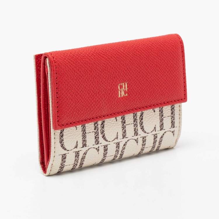 Pre Owned CH Carolina Herrera Red/Off White Monogram Coated Canvas and Leather Flap Compact Wallet