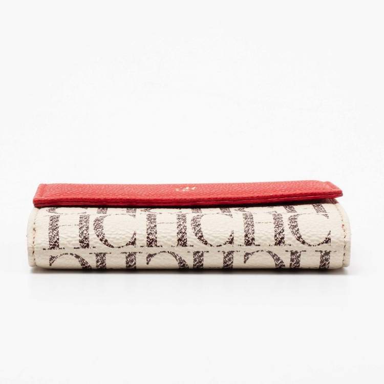 Pre Owned CH Carolina Herrera Red/Off White Monogram Coated Canvas and Leather Flap Compact Wallet