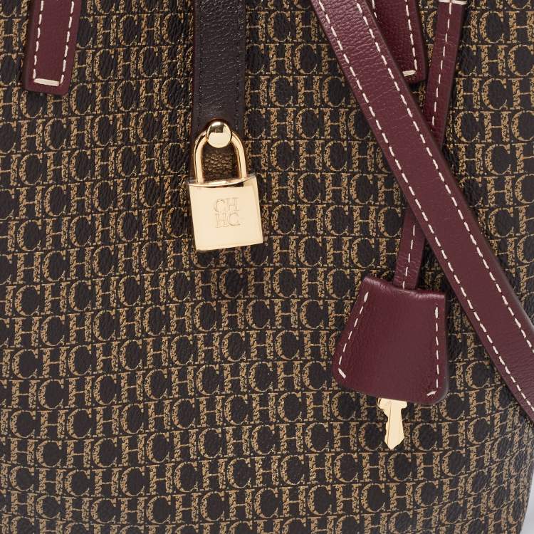 Pre Owned CH Carolina Herrera Brown Signature Coated Canvas and Leather Matryoshka Padlock Tote