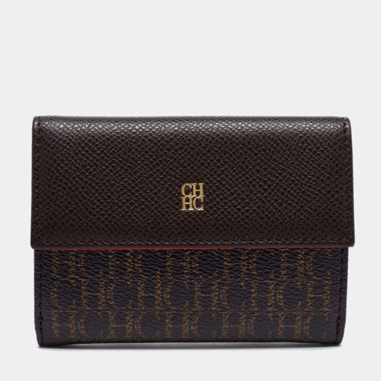 Pre Owned CH Carolina Herrera Brown Monogram Embossed Coated Canvas and Leather French Wallet