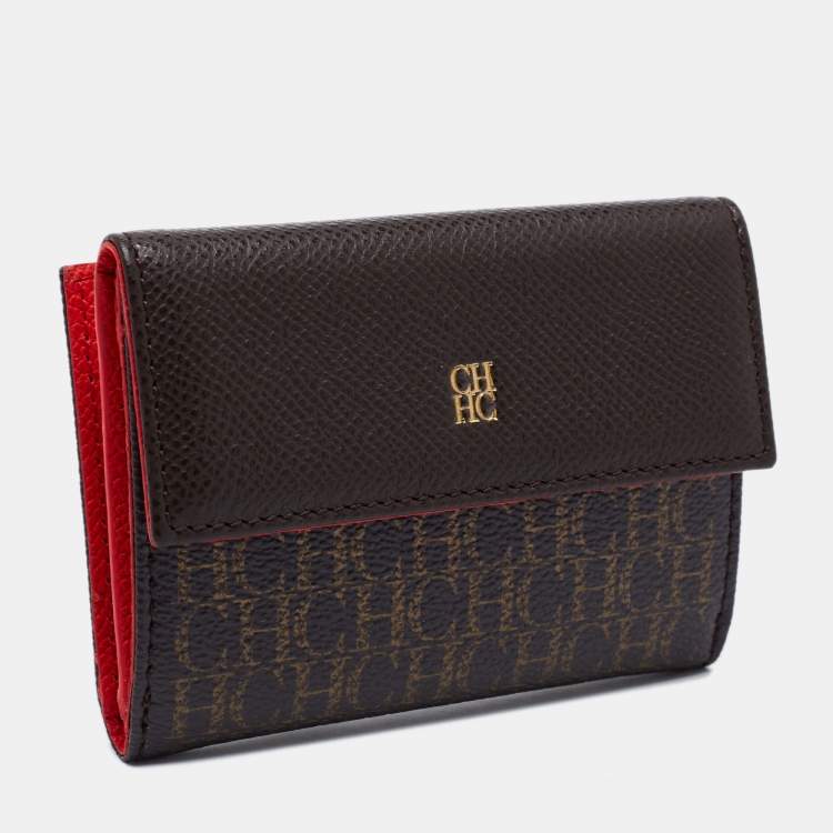 Pre Owned CH Carolina Herrera Brown Monogram Embossed Coated Canvas and Leather French Wallet