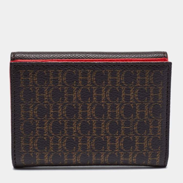 Pre Owned CH Carolina Herrera Brown Monogram Embossed Coated Canvas and Leather French Wallet