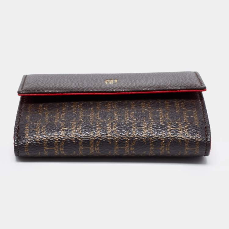 Pre Owned CH Carolina Herrera Brown Monogram Embossed Coated Canvas and Leather French Wallet