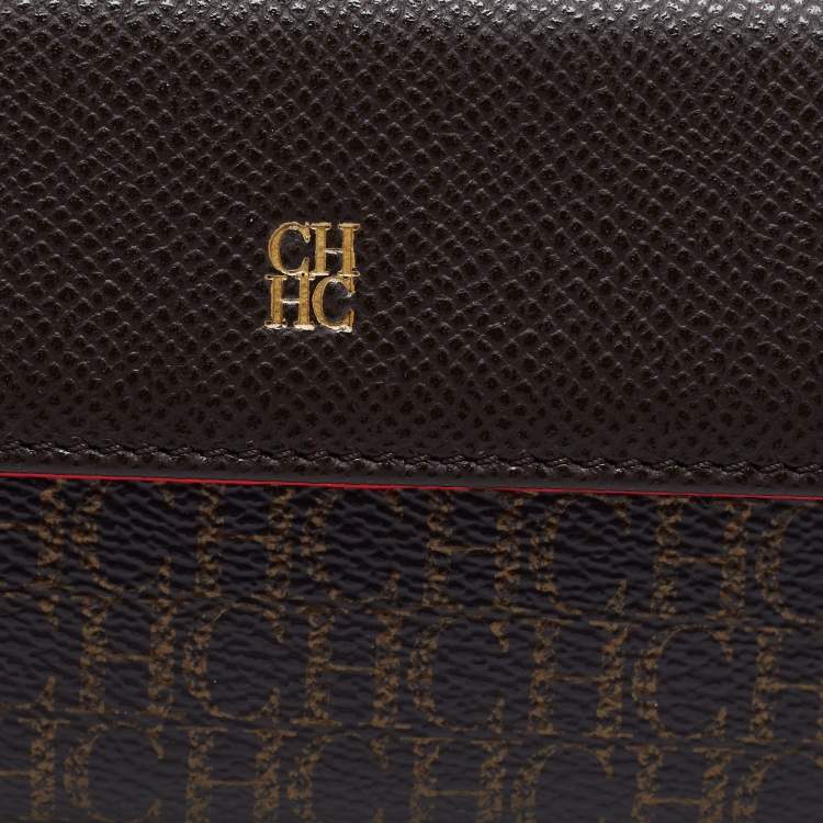 Pre Owned CH Carolina Herrera Brown Monogram Embossed Coated Canvas and Leather French Wallet