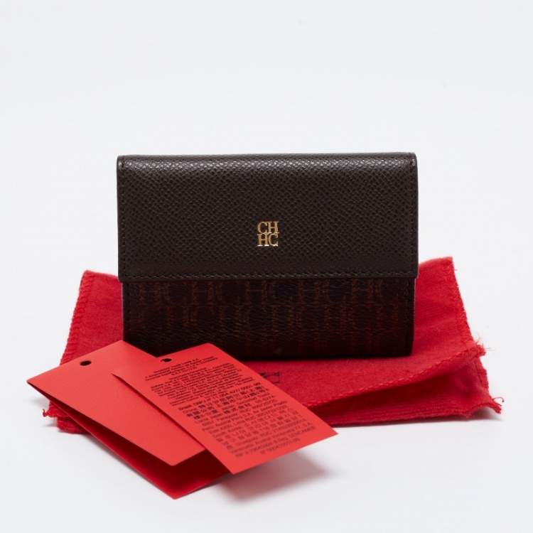 Pre Owned CH Carolina Herrera Brown Monogram Embossed Coated Canvas and Leather French Wallet