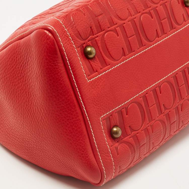 Pre Owned CH Carolina Herrera Red Monogram Leather Andy Boston Bag