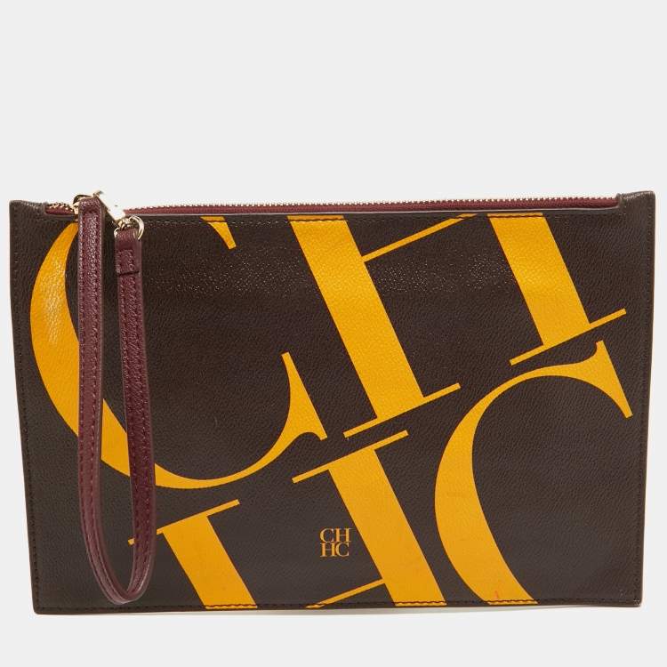 Pre Owned CH Carolina Herrera Brown/Yellow Monogram Coated Canvas Wristlet Clutch