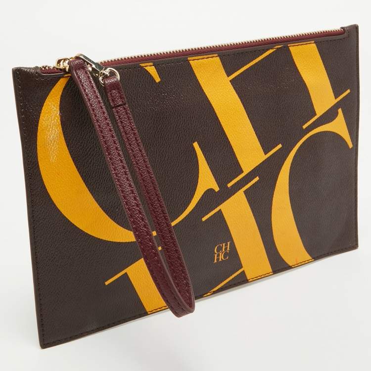 Pre Owned CH Carolina Herrera Brown/Yellow Monogram Coated Canvas Wristlet Clutch